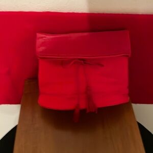 Clarins Red Shimmer Satin Makeup/Storage Pouch-Tassel String Closure-Fold over